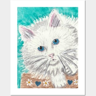 Fluffy white cat watercolor painting Posters and Art